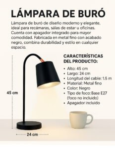 Lámpara de Buró con Apagador Color Negro | Base E27 | 45 cm de Alto | 60219 - Imagen 5