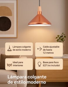 Lámpara Colgante Moderna Dorada con Detalles en Madera | Cable Ajustable 1.2 m | Base E27 | 61030 - Imagen 5