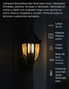 Lámpara Arbotante de Pared Tipo Farol Negra para Exterior o Interior Techado | 62001 - Imagen 4