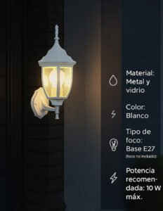 Arbotante Farol Blanco E27 de Metal y Vidrio 38x16 cm | 62021 - Imagen 6